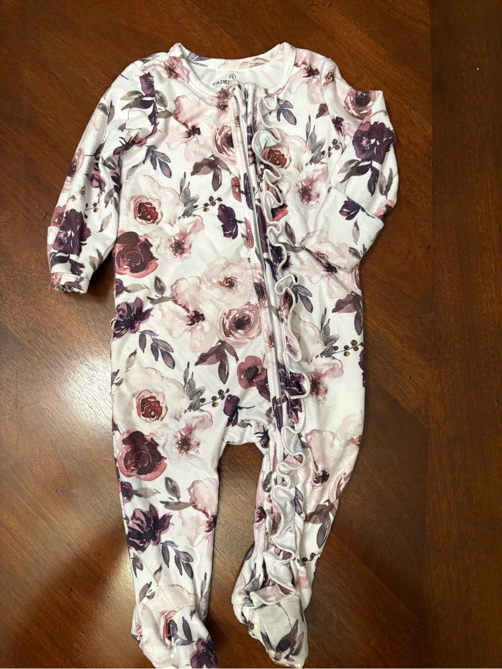 Caden Lane White Floral Ruffle Zip Footie in Pink & Purple